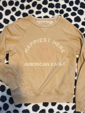 American Eagle Outfitters Tan Crewneck Sweatshirt with Pink Smile Graphic
